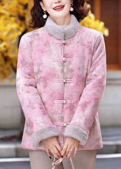 Women Pink Stand Collar Print Patchwork Warm Fleece Parkas Winter RZ037