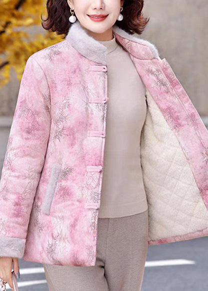 Women Pink Stand Collar Print Patchwork Warm Fleece Parkas Winter RZ037