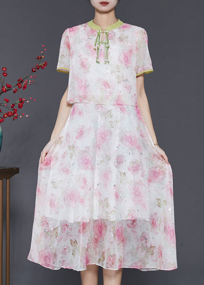 Women Pink Tasseled Patchwork Print Silk Dress Summer SD1058