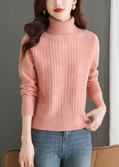 Women Pink Turtleneck Solid Knit Sweater Winter WL010