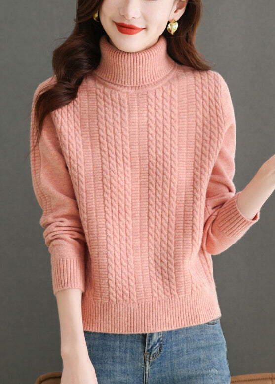 Women Pink Turtleneck Solid Knit Sweater Winter WL010