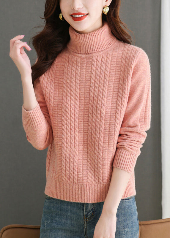 Women Pink Turtleneck Solid Knit Sweater Winter WL010