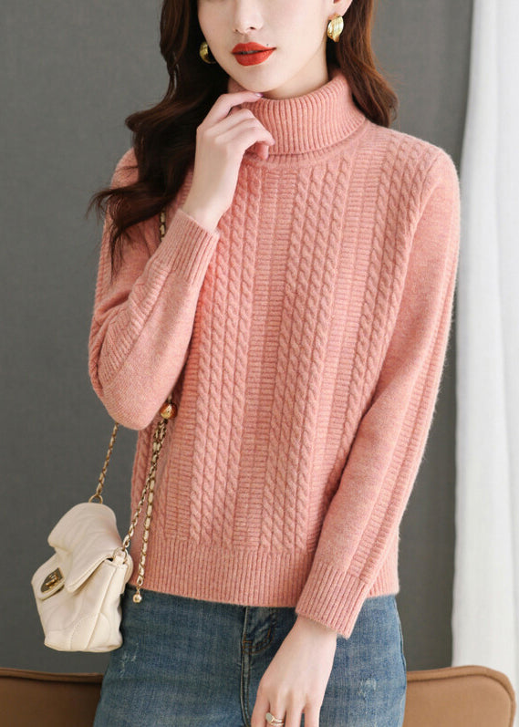 Women Pink Turtleneck Solid Knit Sweater Winter ER017