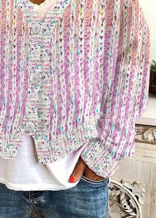 Neck Cardigan Pink Women Cozy V Striped Spring Knit