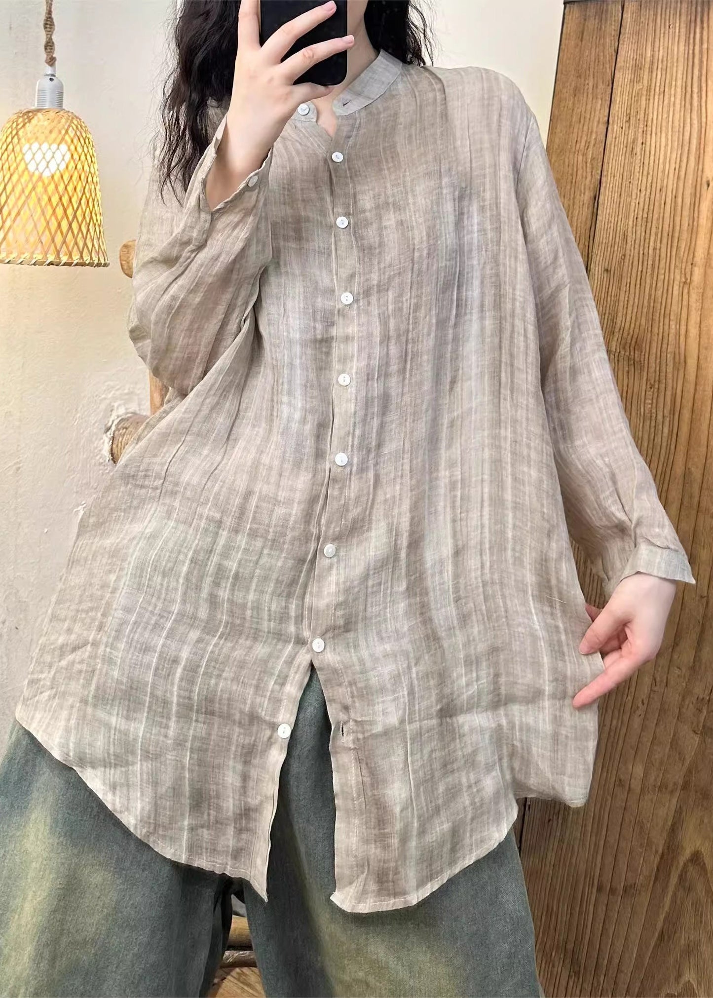 Wrinkled Solid Pink Button Spring Linen Women Shirt
