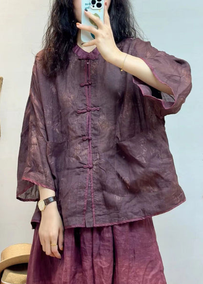 Women Purple Button Pockets Linen Shirt Spring VV034