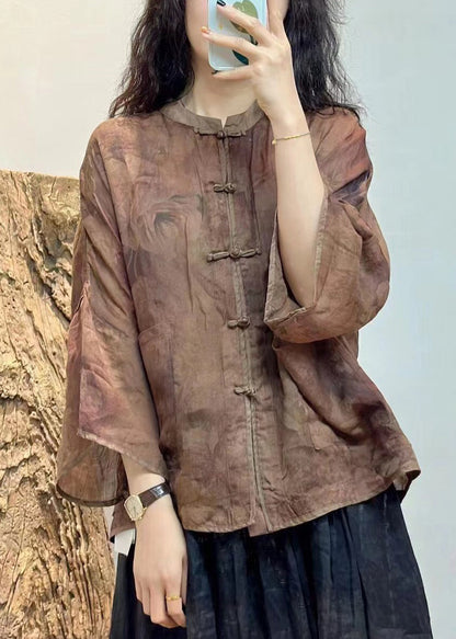 Women Purple Button Pockets Linen Shirt Spring VV034