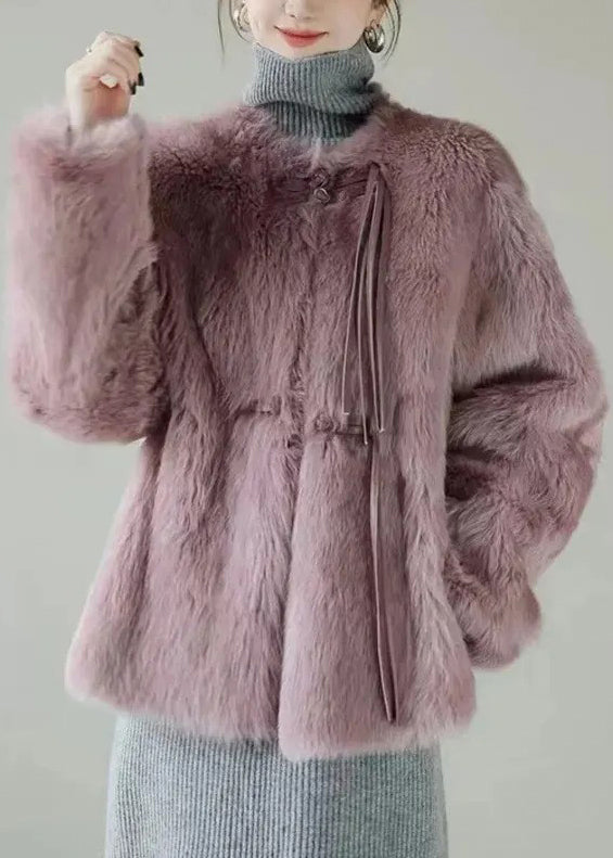 Women Purple Button Solid Mink Hair Coat Winter RH018