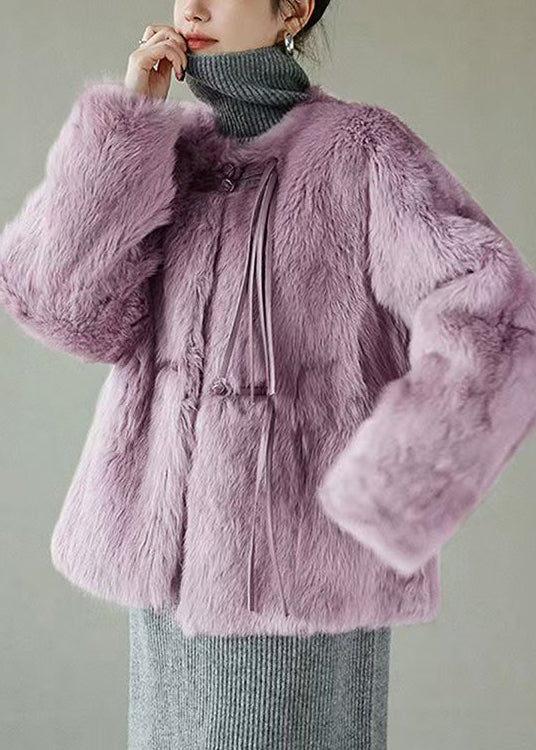 Women Purple Button Solid Mink Hair Coat Winter RH018