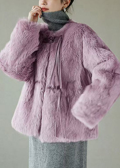 Women Purple Button Solid Mink Hair Coat Winter RH018