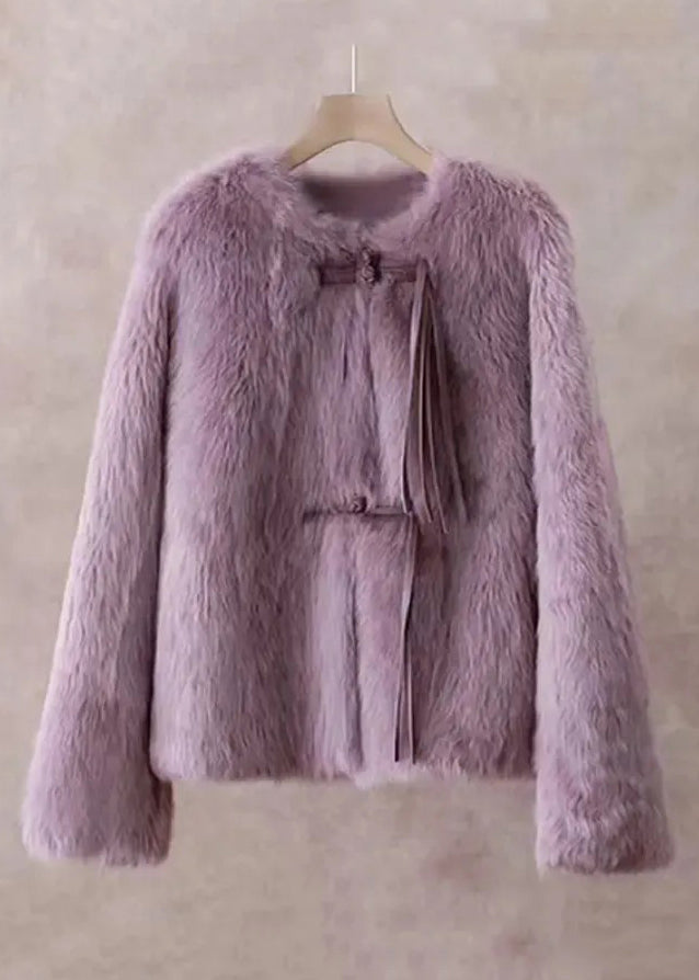 Women Purple Button Solid Mink Hair Coat Winter RH018