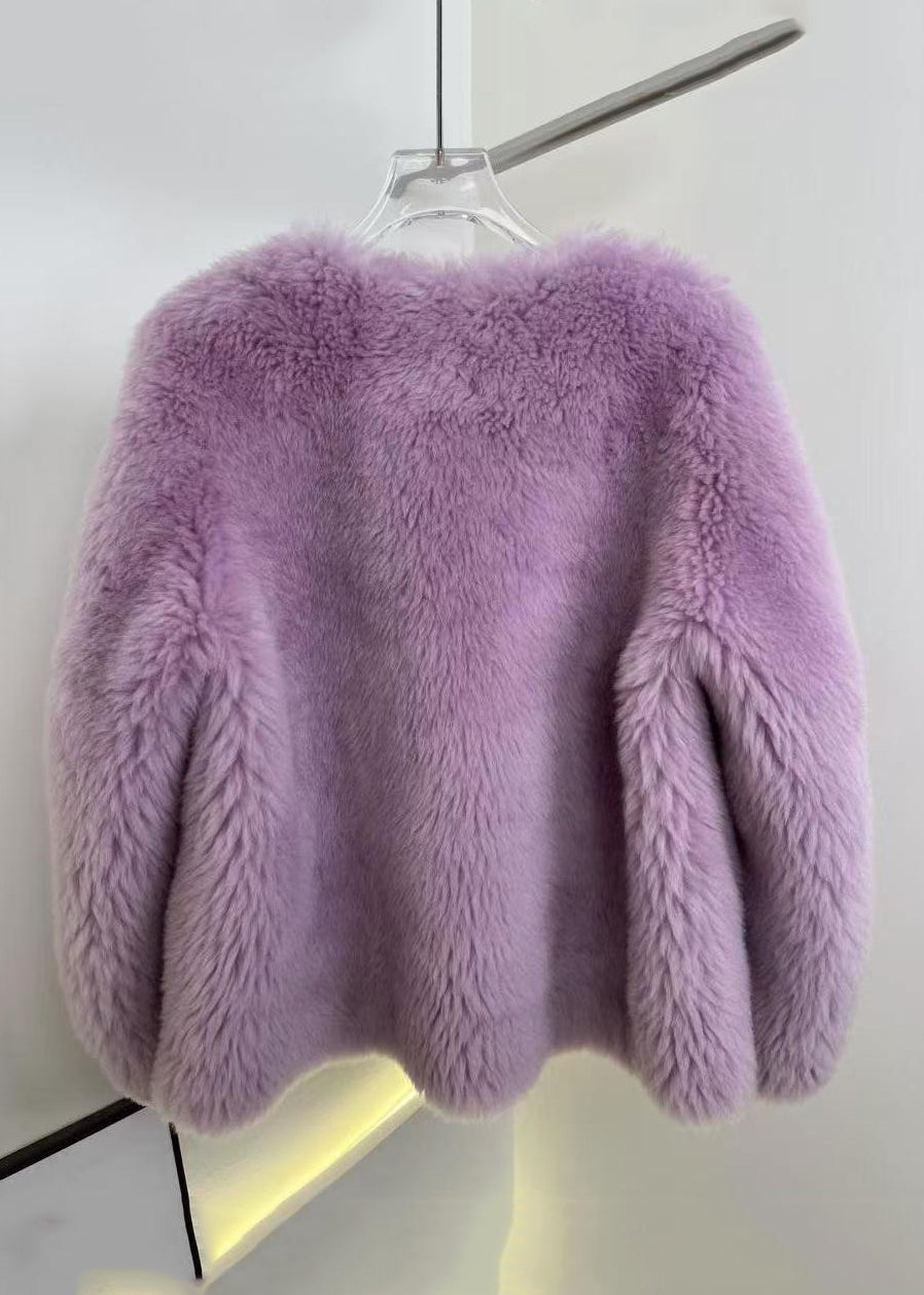 Women Purple Button Solid Mink Hair Coat Winter RH018