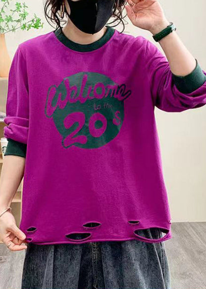 Women Purple Hole Print Cotton Tops Long Sleeve AU1038