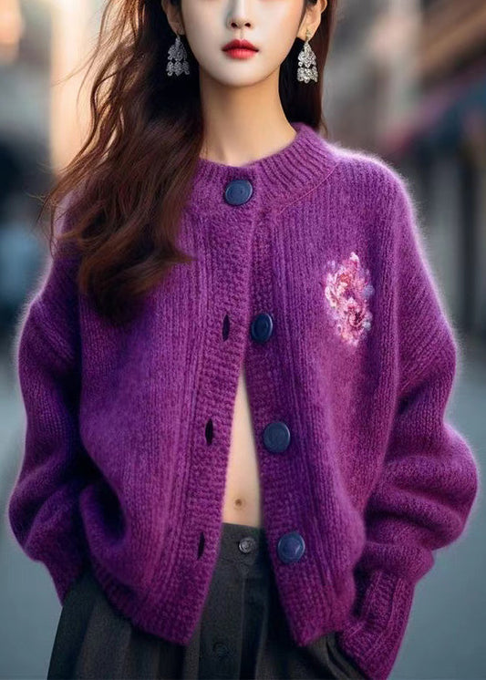 Women Purple O Neck Button Cozy Knit Cardigan Winter WX019