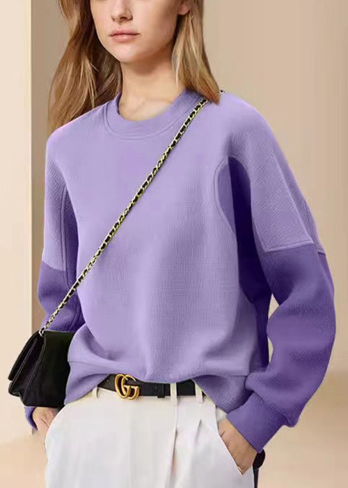 Women Purple O Neck Patchwork Cotton Sweatshirt Fall WX012