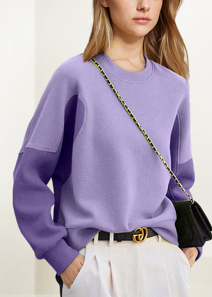 Women Purple O Neck Patchwork Cotton Sweatshirt Fall WX012