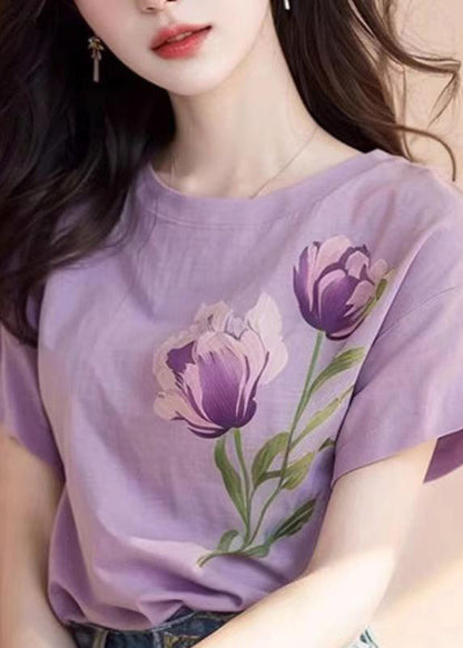 Women Purple O Neck Print Cotton T Shirt Short Sleeve KJ001