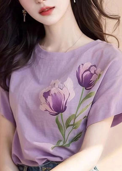 Women Purple O Neck Print Cotton T Shirt Short Sleeve KJ001