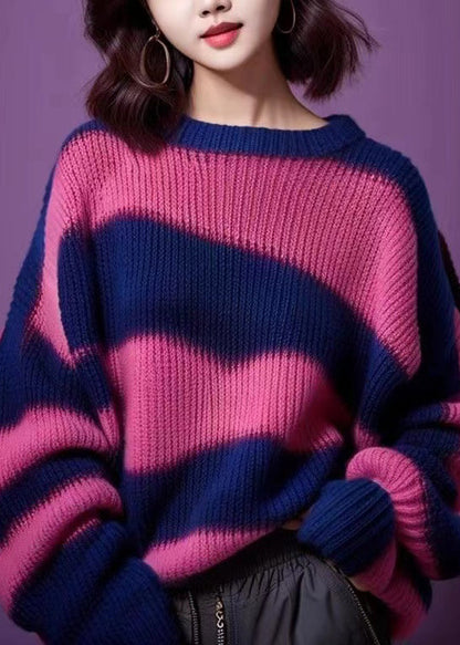 Women Purple O Neck Thick Patchwork Knit Sweater Winter WX018