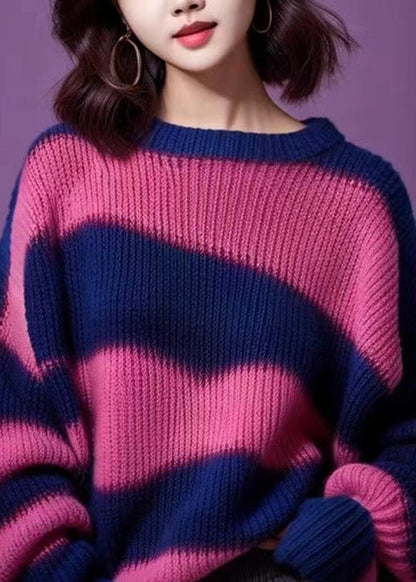 Women Purple O Neck Thick Patchwork Knit Sweater Winter WX018