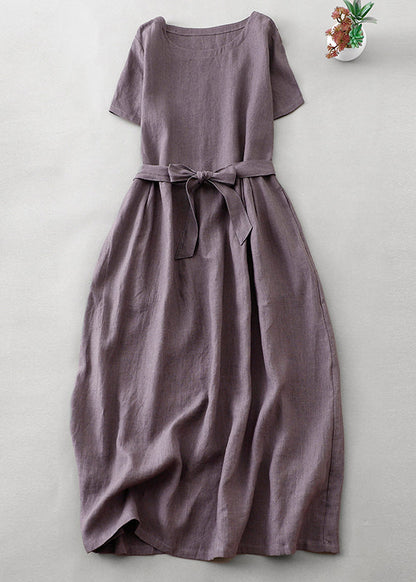 Women Purple O Neck Tie Waist Pockets Linen Long Dress Summer FF044