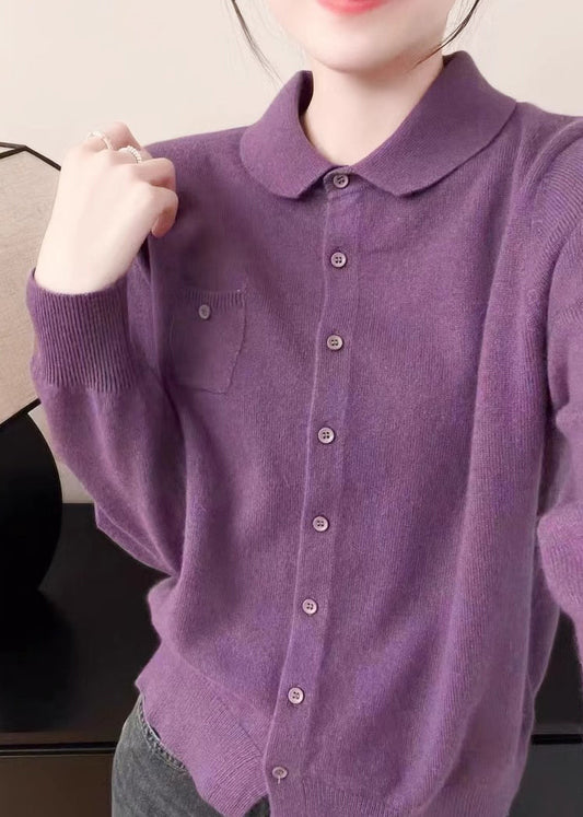 Pull en tricot à boutons et col Peter Pan violet pour femme Automne QI043