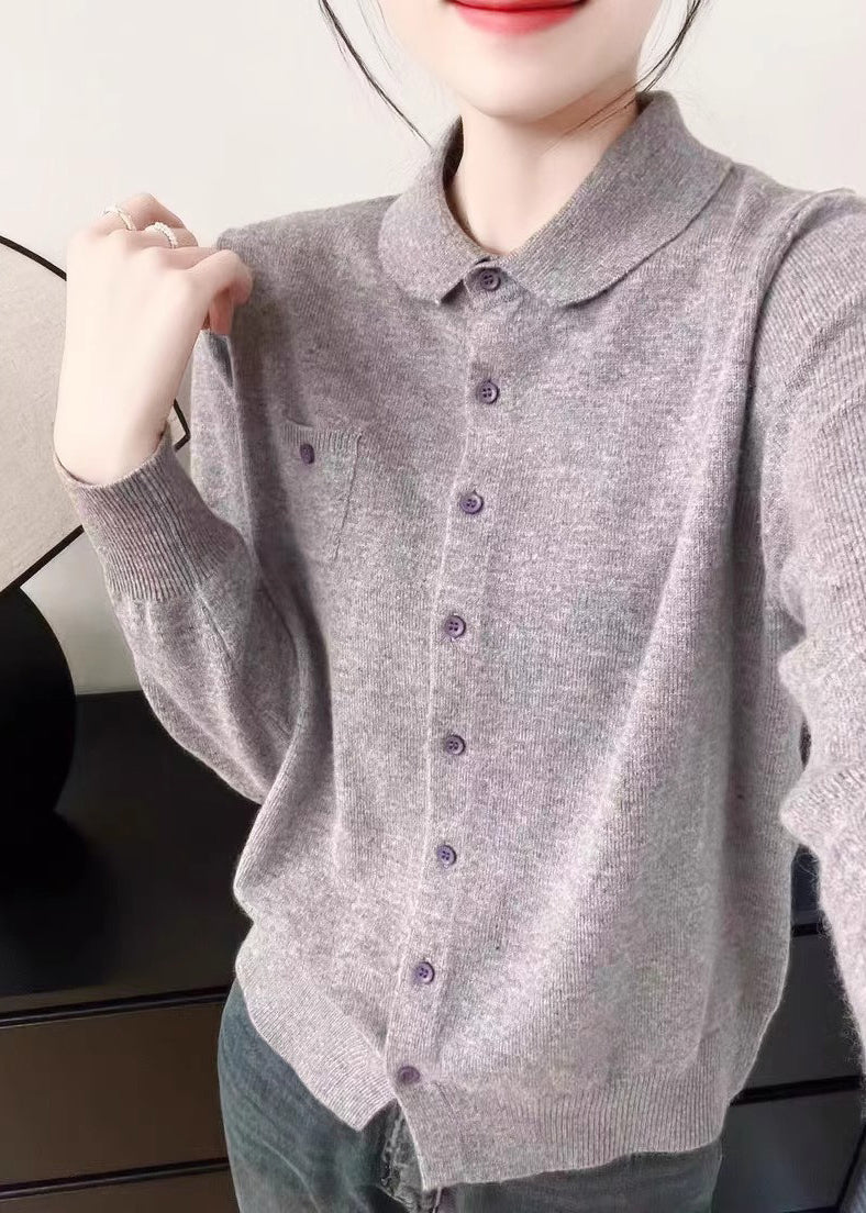 Women Purple Peter Pan Collar Button Knit Sweater Fall QI043