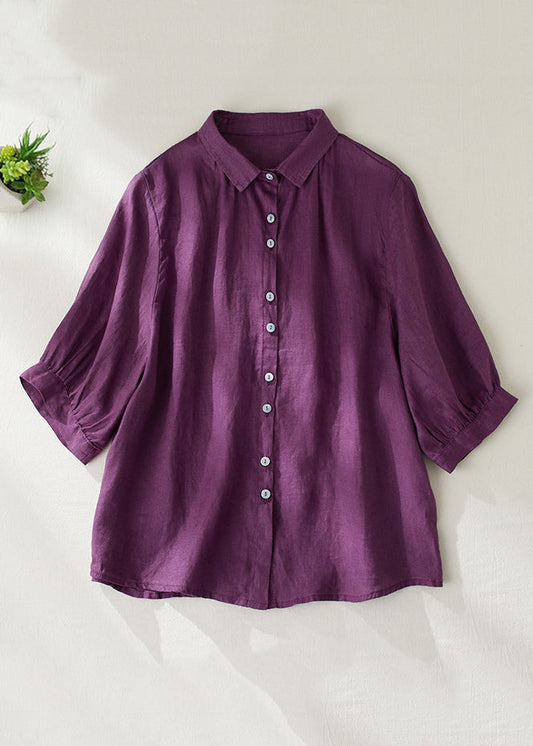 Women Purple Peter Pan Collar Button Linen Blouse Summer GG031