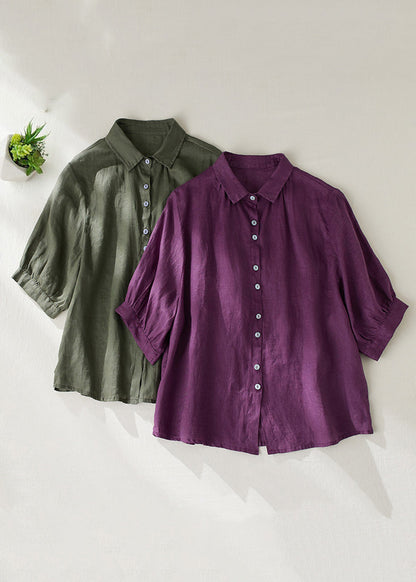 Women Purple Peter Pan Collar Button Linen Blouse Summer GG031