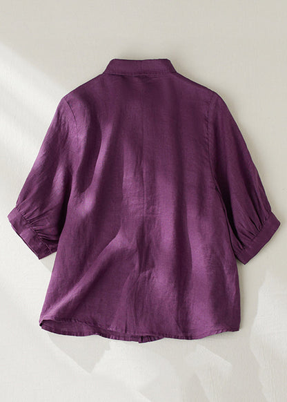 Women Purple Peter Pan Collar Button Linen Blouse Summer GG031