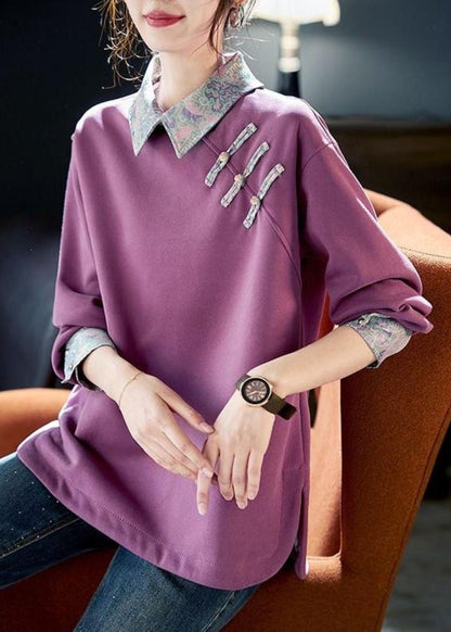 Women Purple Peter Pan Collar Patchwork Cotton Sweatshirts Spring RL047