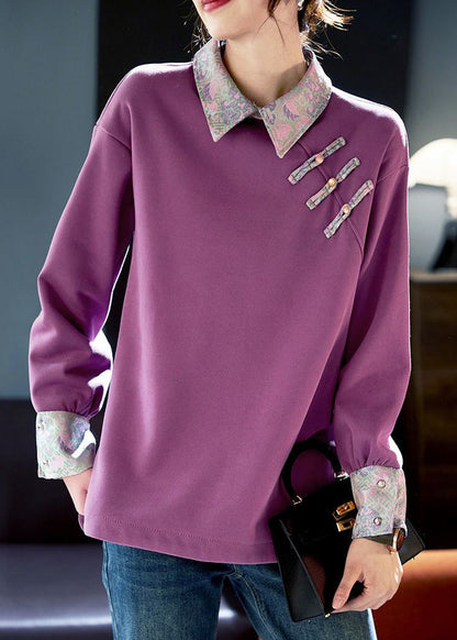 Women Purple Peter Pan Collar Patchwork Cotton Sweatshirts Spring RL047