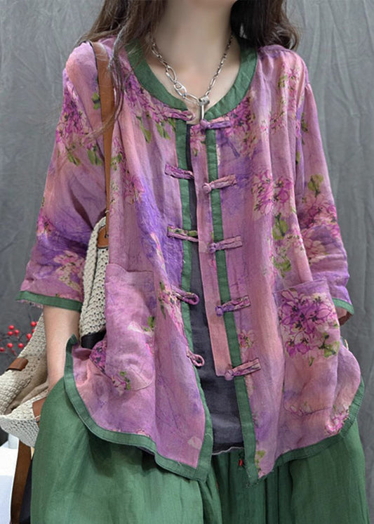 Women Purple Print Chinese Button Cotton Shirt Top Summer QK010