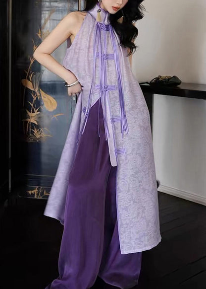 Women Purple Stand Collar Asymmetrical Button Tassel Maxi Dresses Summer UU1032