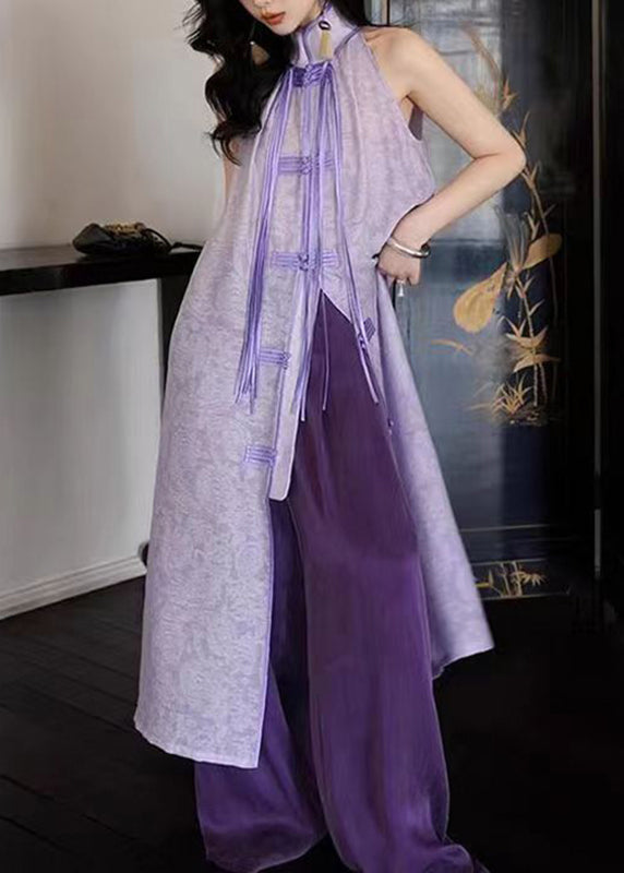 Robe longue violette à col montant et à pompons asymétriques pour femmes, été UU1032