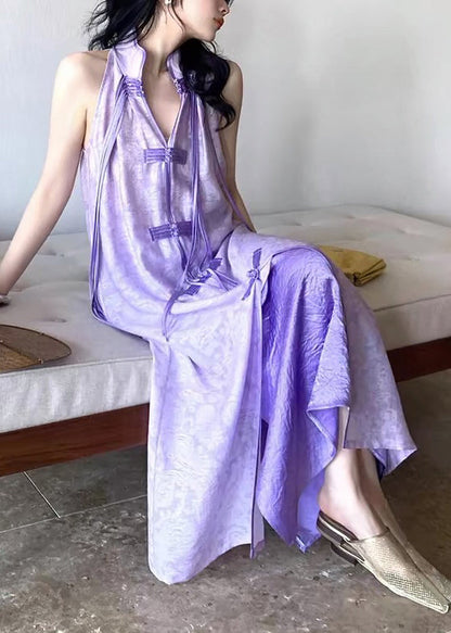 Women Purple Stand Collar Asymmetrical Button Tassel Maxi Dresses Summer UU1032