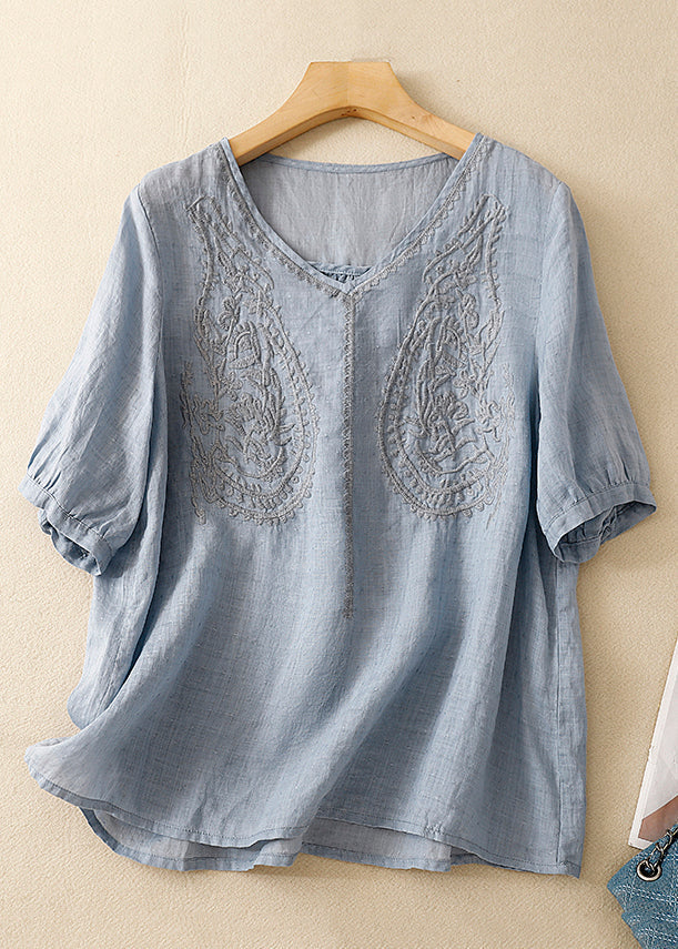 Lila Damen T-Shirt aus Leinen mit V-Ausschnitt und Stickereien, Sommer GG016