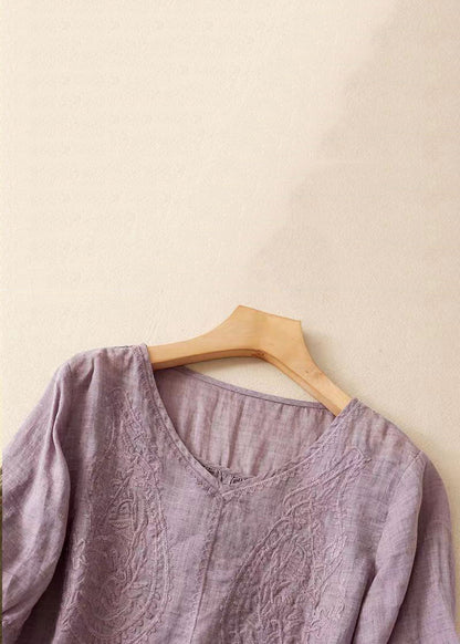 Women Purple V Neck Embroidered Linen T Shirt Summer GG016