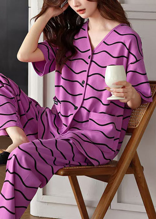 Striped Neck Women V Two Pajamas Set Pieces Pockets Purple Cotton