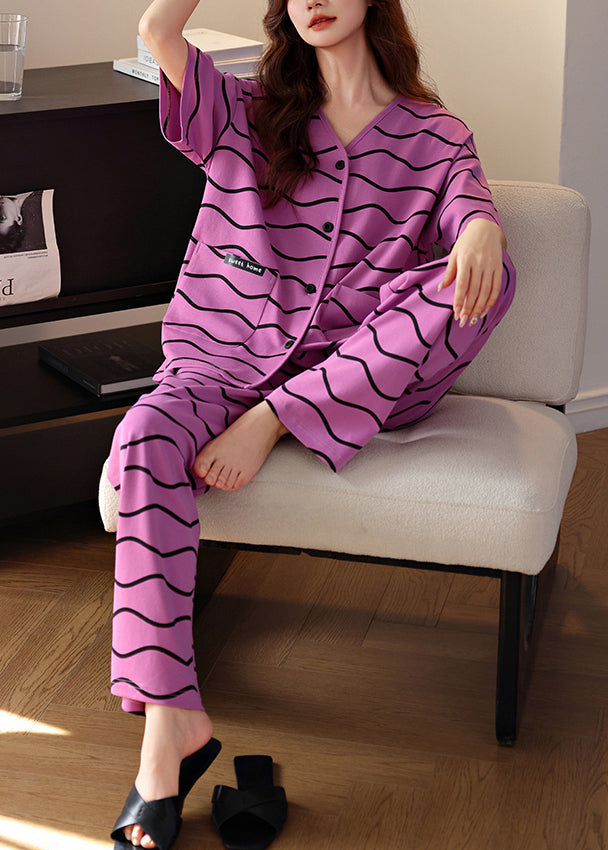 Striped Neck Women V Two Pajamas Set Pieces Pockets Purple Cotton