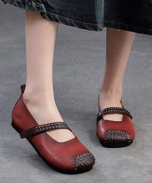 Women Red Cowhide Leather Splicing Flat Shoes SL1017