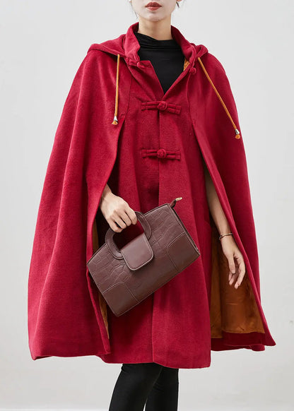 Women Red Hooded Chinese Button Warm Fleece Coats Cloak Sleeves Ada Fashion