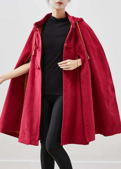 Women Red Hooded Chinese Button Warm Fleece Coats Cloak Sleeves Ada Fashion