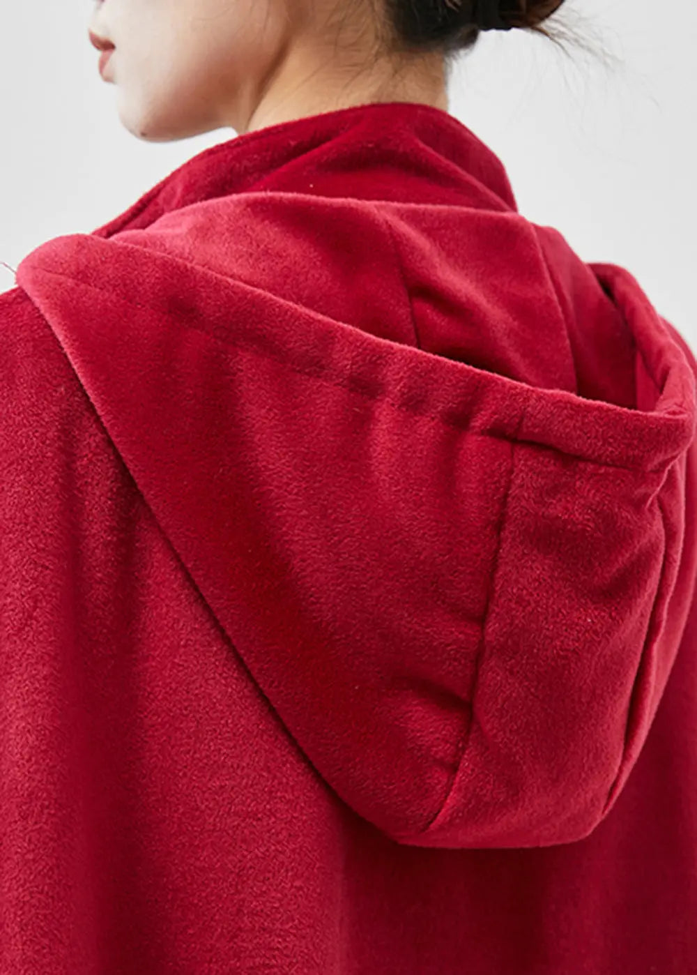 Women Red Hooded Chinese Button Warm Fleece Coats Cloak Sleeves Ada Fashion