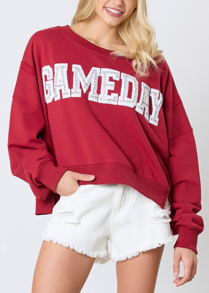 Sweat-shirt en coton à manches longues avec lettres rouges et zircon pour femme AE1001