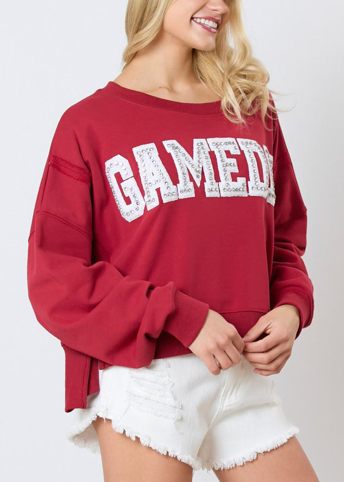 Sweat-shirt en coton à manches longues avec lettres rouges et zircon pour femme AE1001