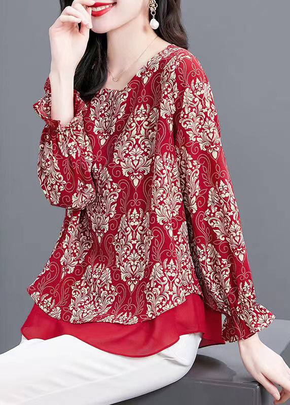 Frauen Rot O Neck Print Patchwork Chiffon Blusen Flare Ärmel OP1066