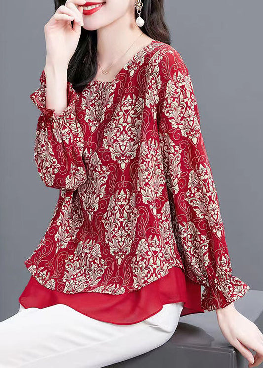 Women Red O Neck Print Patchwork Chiffon Blouses Flare Sleeve OP1066
