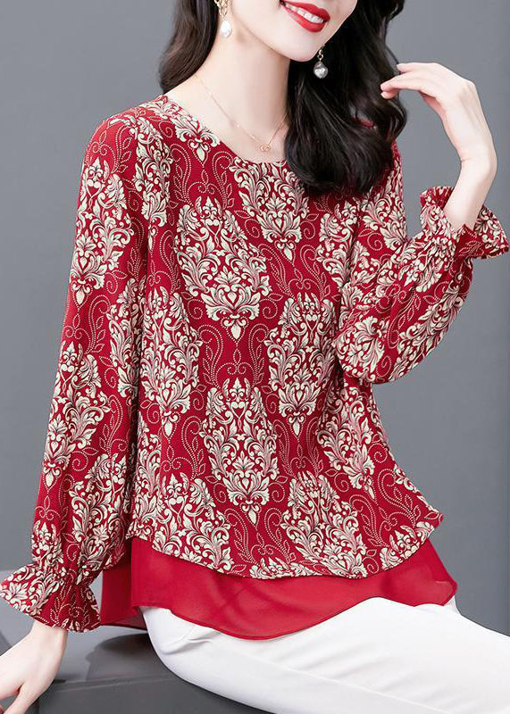 Frauen Rot O Neck Print Patchwork Chiffon Blusen Flare Ärmel OP1066