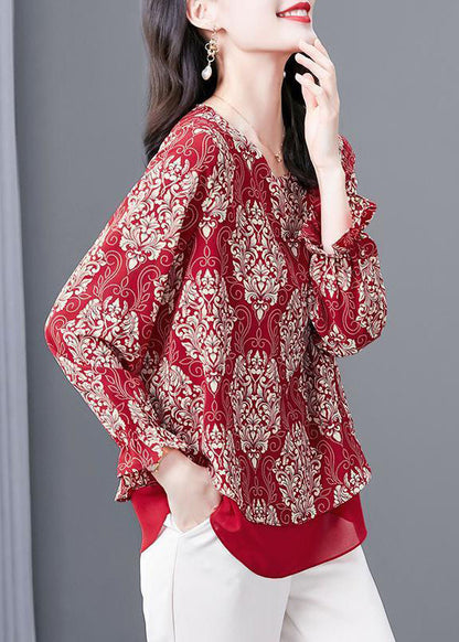 Women Red O Neck Print Patchwork Chiffon Blouses Flare Sleeve OP1066